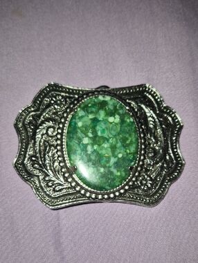 Ornate Silver-Tone Belt Buckle with Green Stone